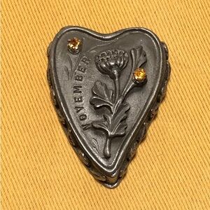 Vintage Torino November Pewter Brooch & Amber Stud Earrings Trinket Heart Box